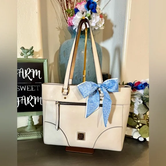 Dooney and Bourke Leather Bone Tote Bag, Gold hardware & blue accent scarf - Picture 1 of 16